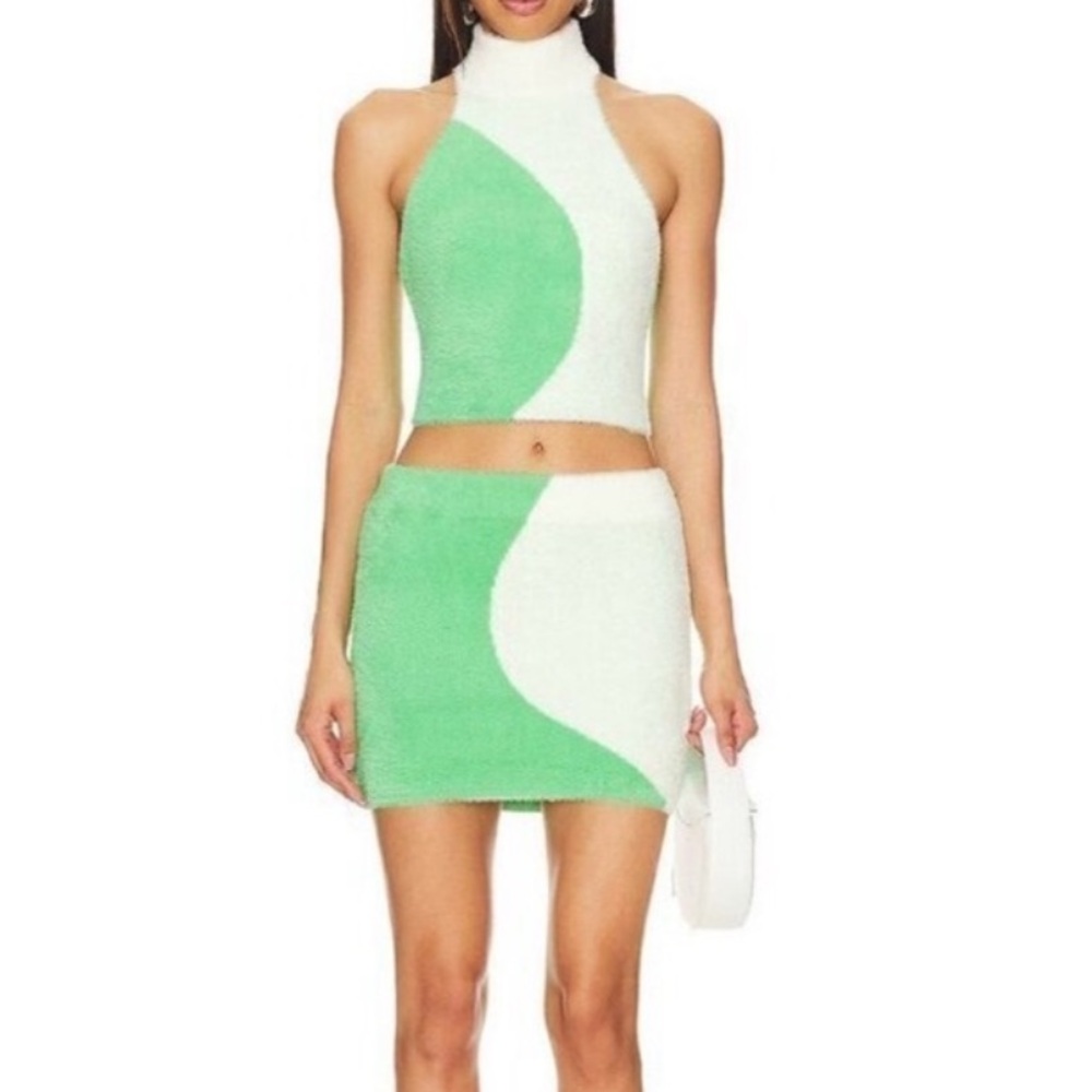 NWT fuzzy pistachio and white skirt and top